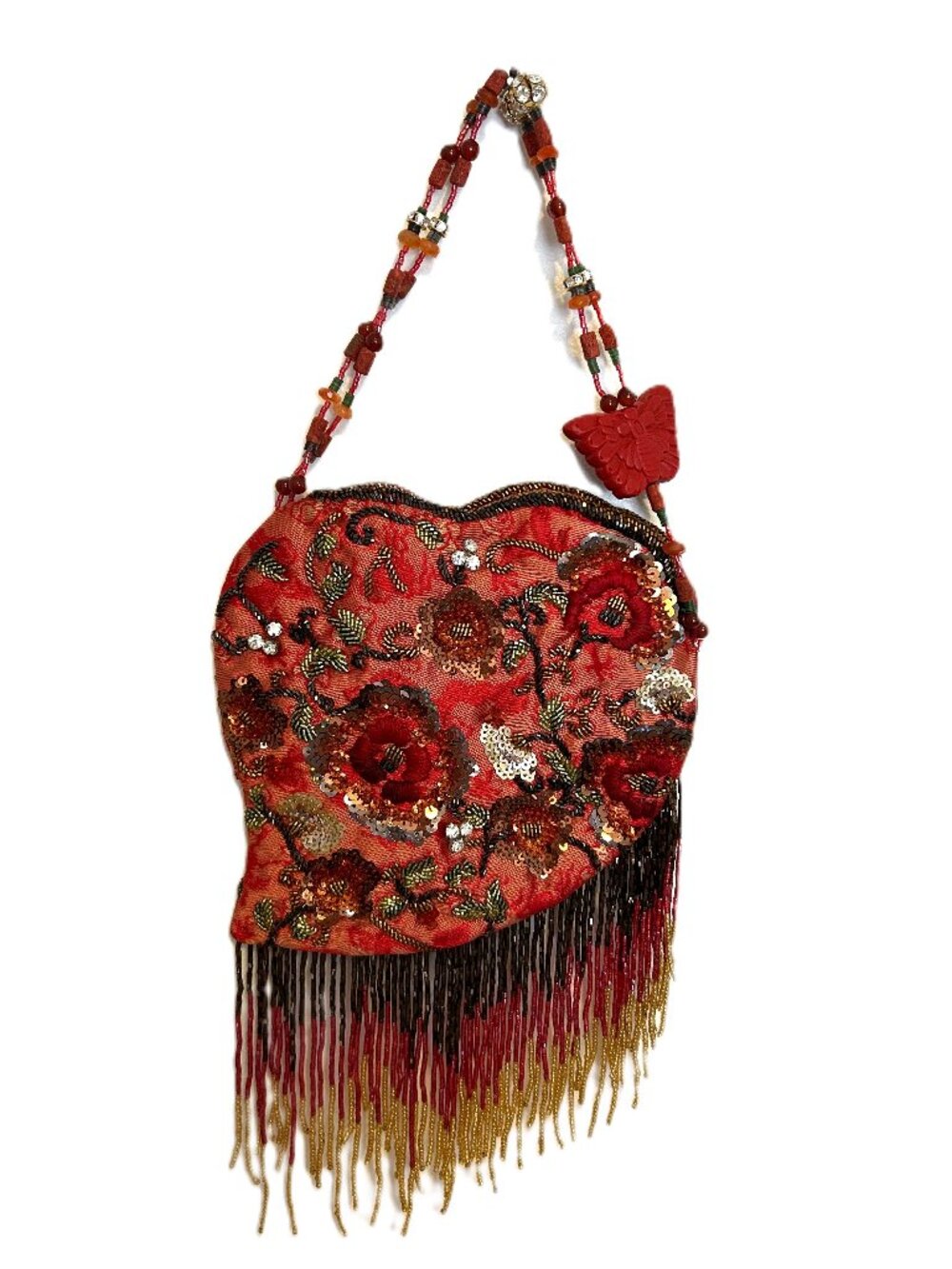 Vintage Pat Vini Red Floral Coral Butterfly Handbag W/Swarovski